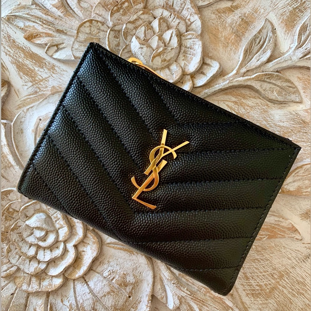 🌸 YSL Cassandre Matelasse Fragments Zipped Bi-Fold Wallet Black